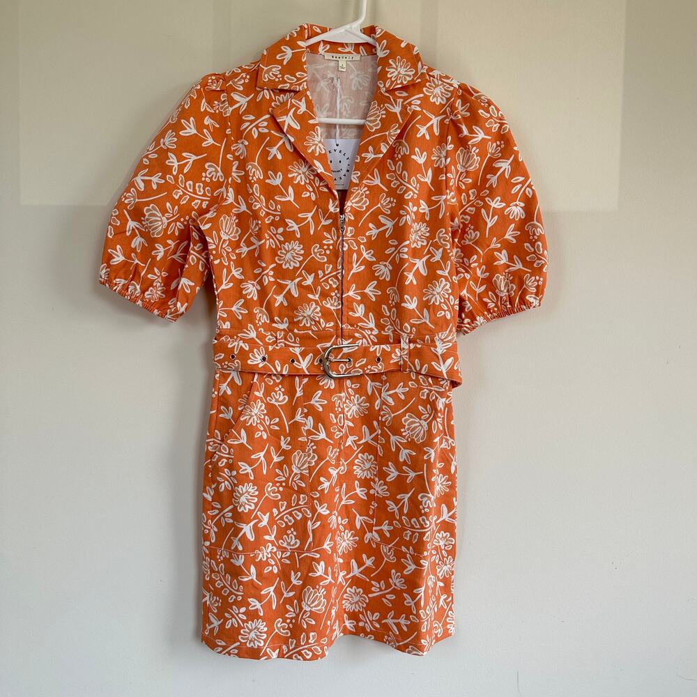 BaeVely Denim Mini Shirt Dress Preppy Belted Short Sleeve Floral Orange SMALL